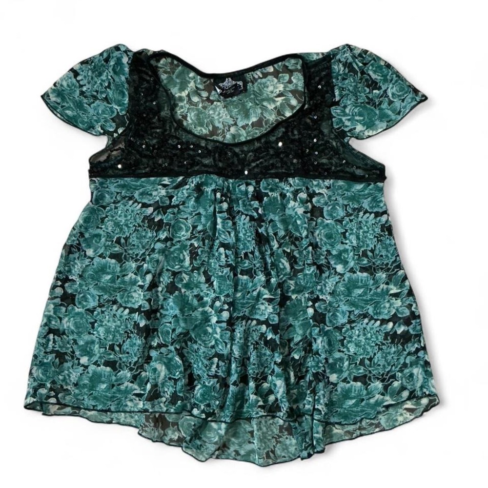 Angie Floral Sheer Babydoll Blouse Womens Small Green Sequin Lace Whimsygoth Top